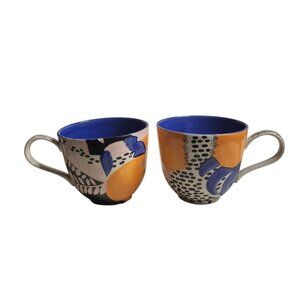 2 Cassie Byrnes for Anthropologie Ceramic Melbourne Mugs Blue & Orange